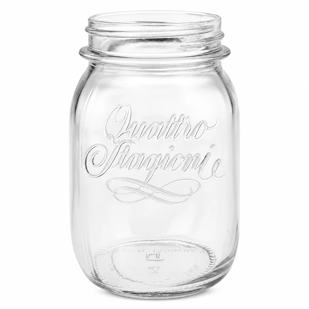 500ml rund burk "Quattro Stagioni" QS70mm 500 ml Quattro Stagioni konserveringsburk av klarglas med präglad logotyp utan lock på vit bakgrund