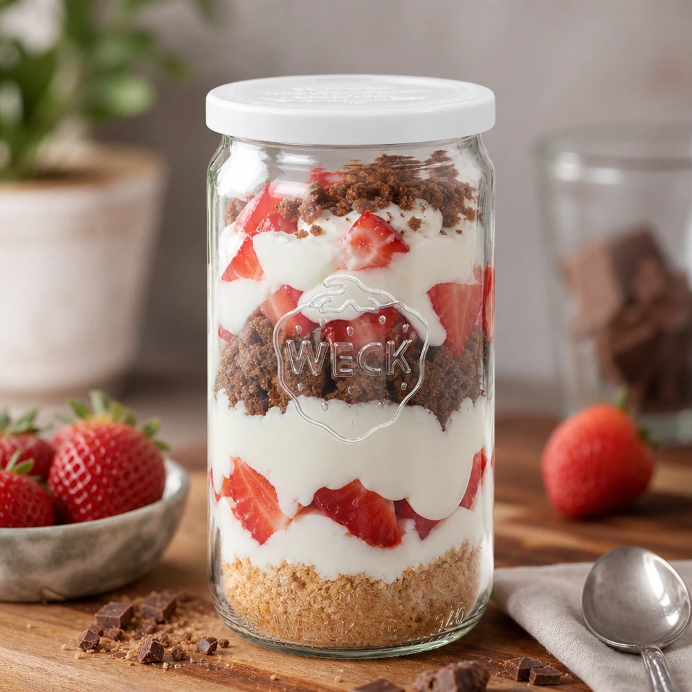 340ml cylinderburk med lock för färskhet WECK RR60 WECK cylinderburk 340ml som dessertburk med jordgubbar och grädde lagrad dessert dekorativt arrangerad
