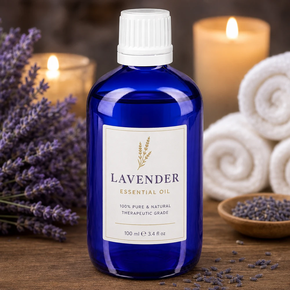 Produktbild på lavendelolja, 20 ml, blå droppflaska av apotekerglas med vitt barnsäkert lock