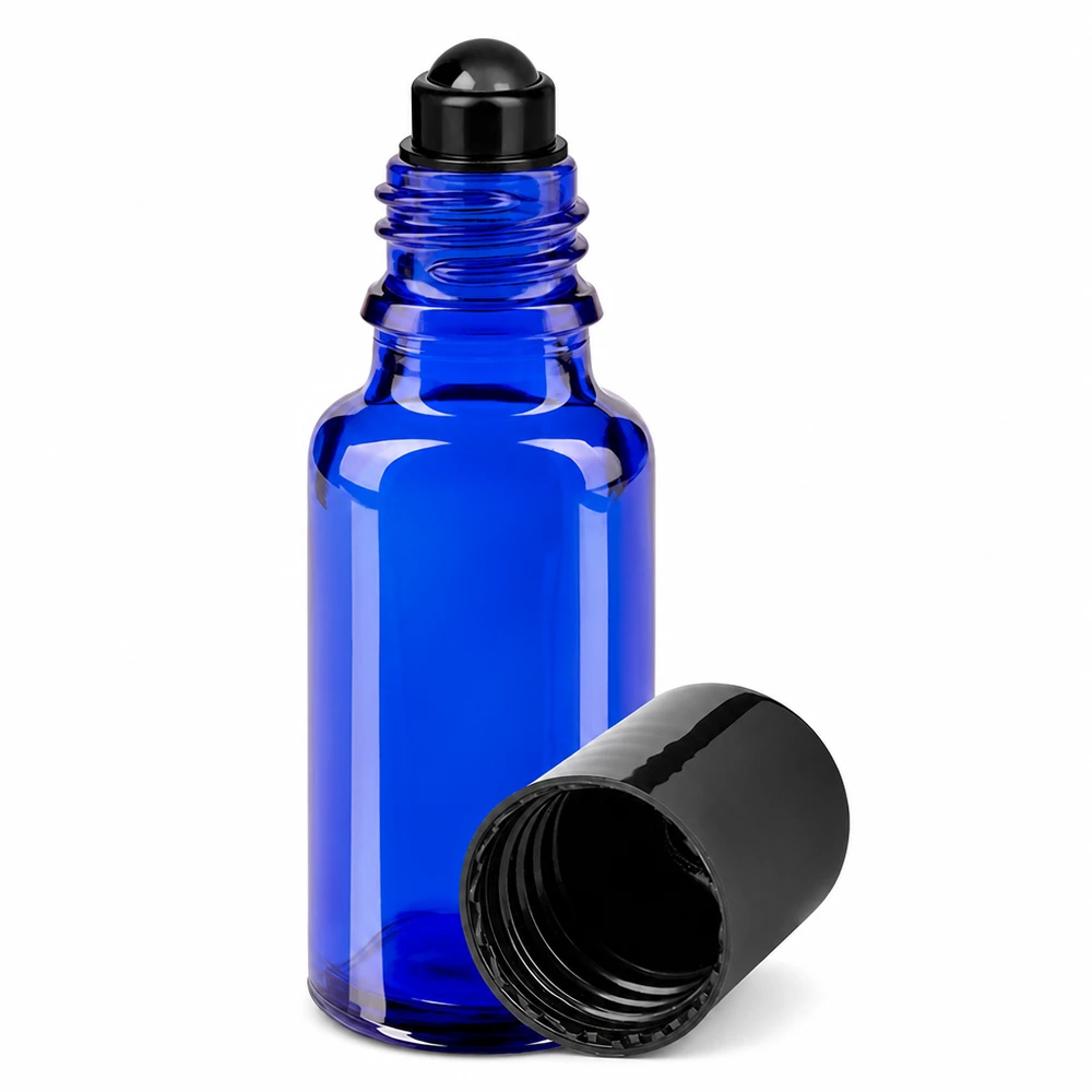 20 ml blå roll-on-flaska av apotekerglas med svart rullkula och skruvlock