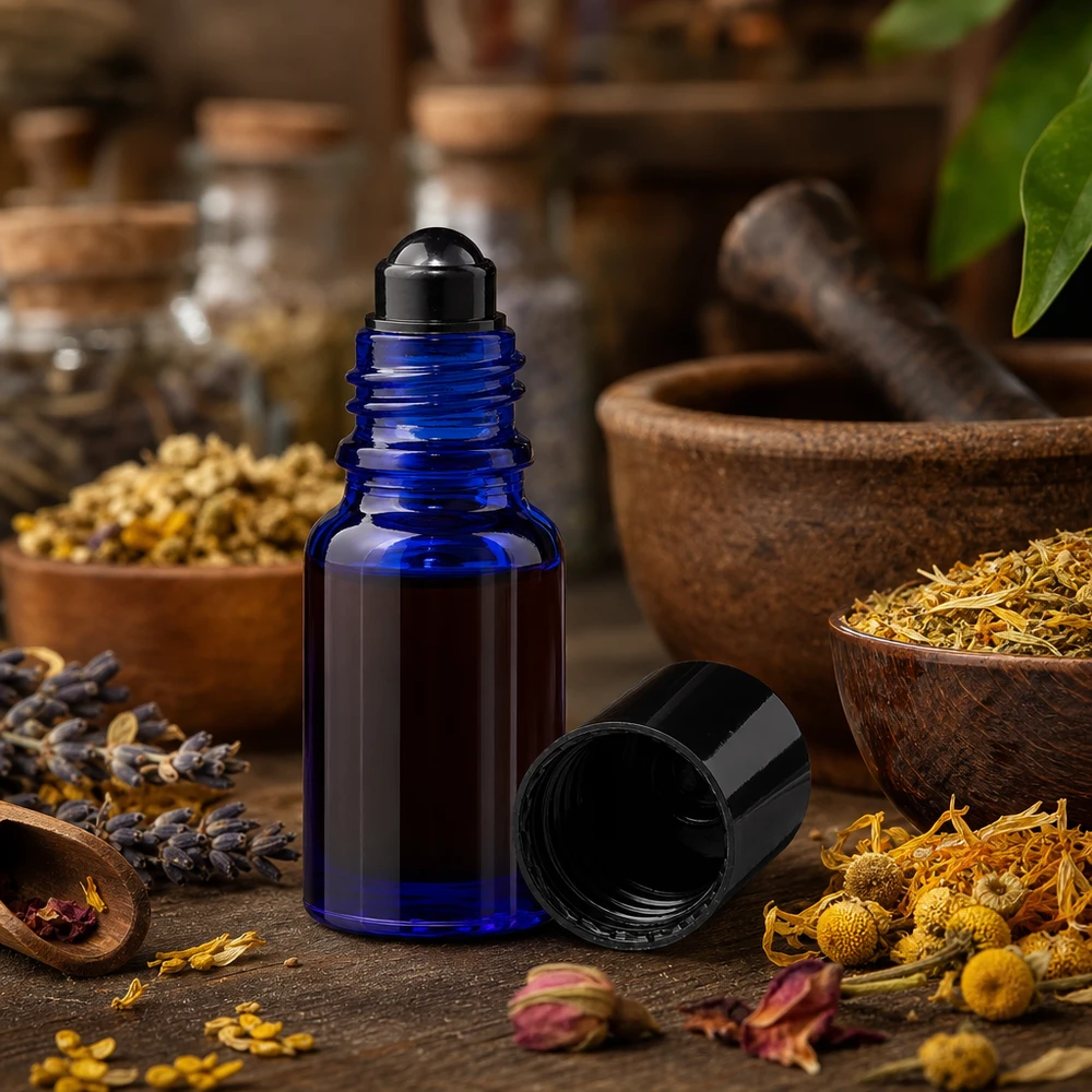 Apoteksflaska blå 10ml roll-on lock svart Blå 10 ml ApoGlas-roll-on-flaska med örter och torkade blommor på en rustik träbas