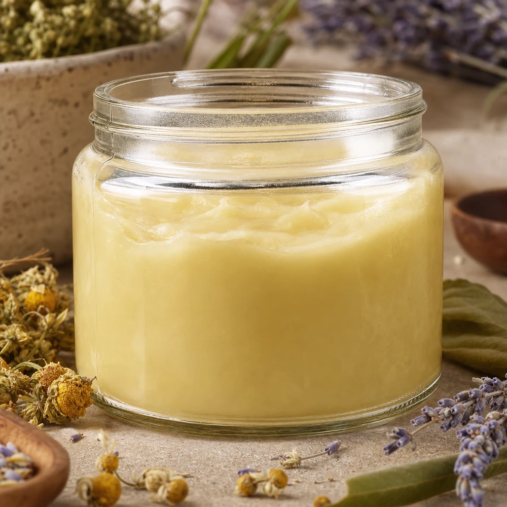 Salvburk (glasburk) 250 ml klar, utan lock, gänga 83mm/R3 Glastiegel 250ml mit cremiger gelber Salbe gefüllt umgeben von Kamillenblüten und Lavendel natürliche Hautpflege