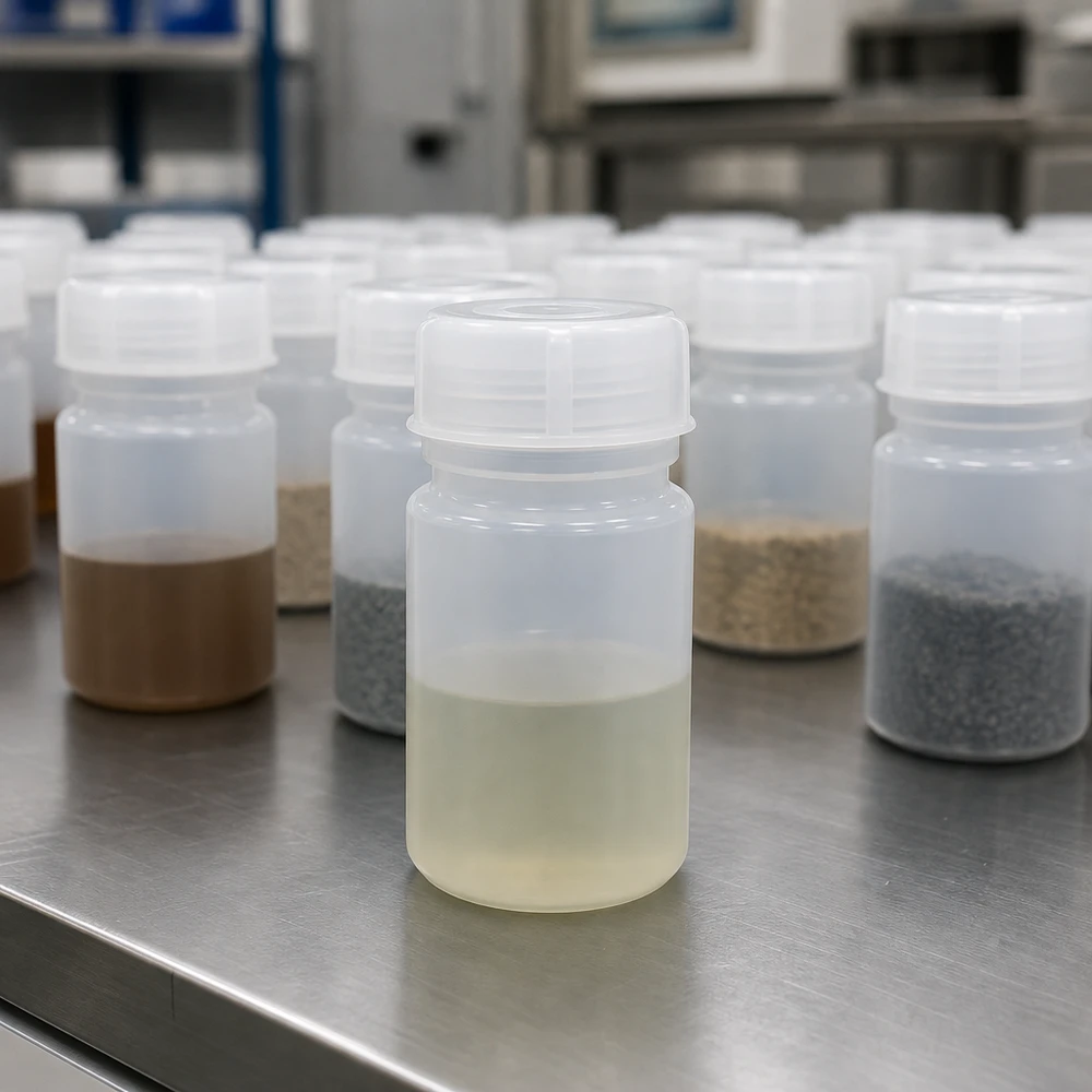 Flera 50 ml laboratorieflaskor med vid hals och olika innehåll på ett bord av rostfritt stål