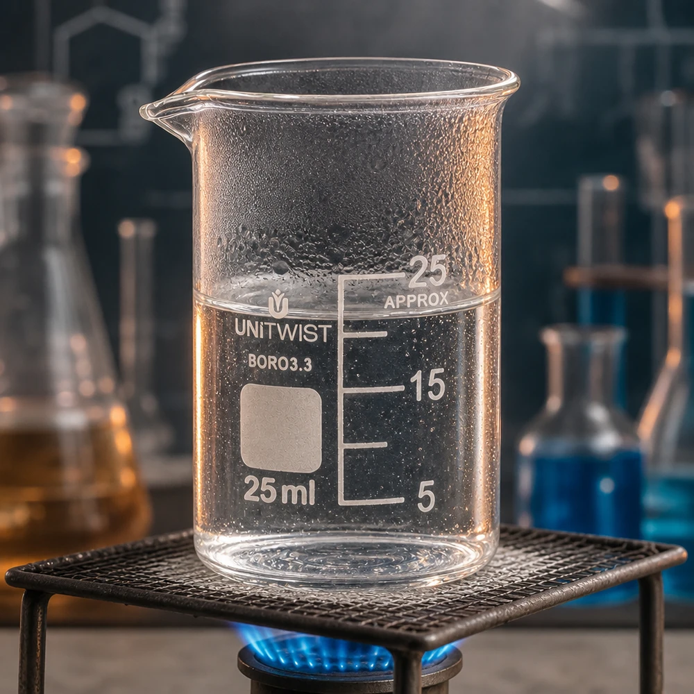 Bägare 25ml borosilikat, lågformad UNiTWIST UNiTWIST-bägare, 25 ml, borosilikatglas 3.3, upphettas i laboratoriet på en gasbrännare med trådnät