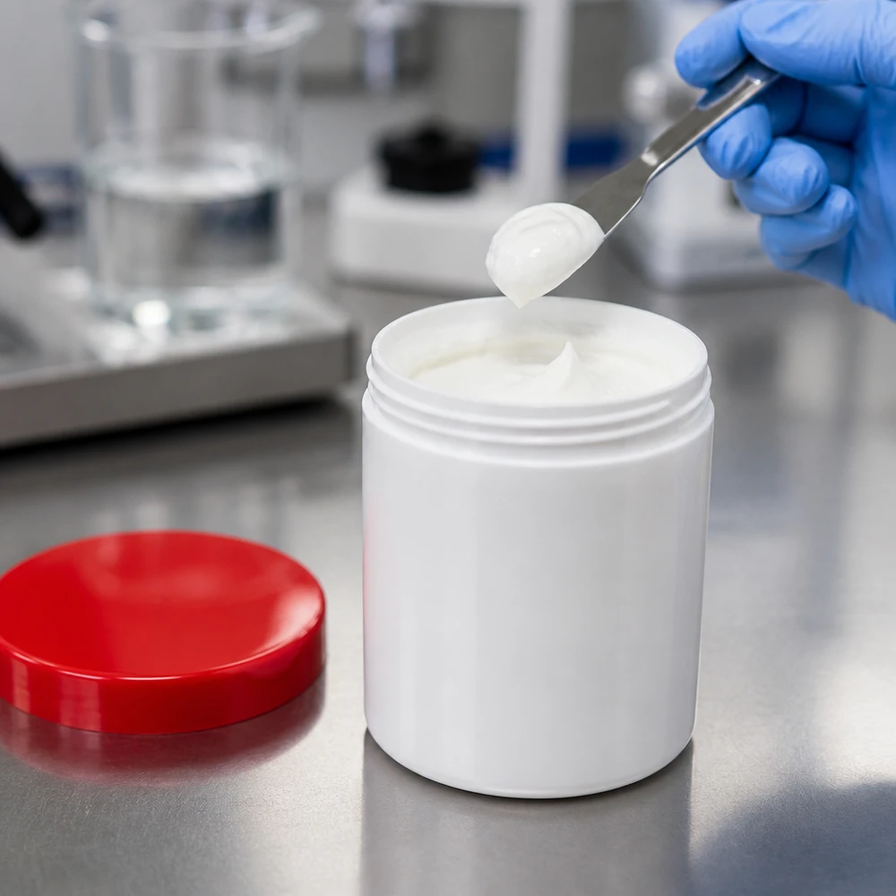 Salvburk 30g vit med rött skruvlock (polypropylen) En laboratorietekniker tar ut en vit kräm ur en 30 g-salvburk med rött lock