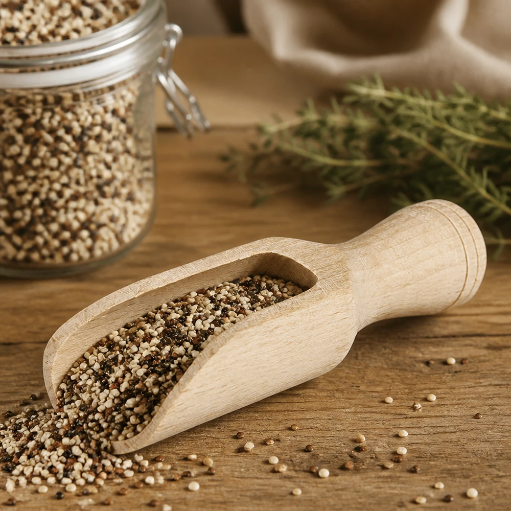 Träskopa storlek S halvrund form - 75 mm lång Buchenholz-Schaufel S mit Koriandersamen gefüllt auf Holztisch neben Kräuterglas stilvolle Küchenhelfer-Szene