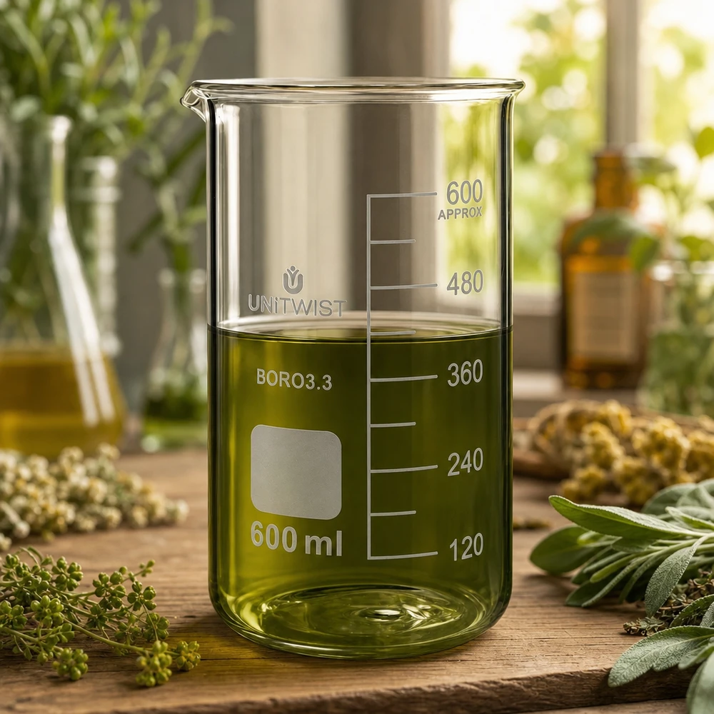 UNITWIST glasbägare, 600 ml, hög modell med grönt örtextrakt omgiven av färska medicinalväxter