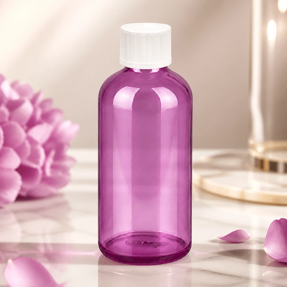 100 ml droppflaska 1,2 mm vit standard barnsäker PurpleLine. UT18/100 Lila glasflaska 100 ml med exakt 1,2 mm droppinsats för exakt dosering av vårdprodukter