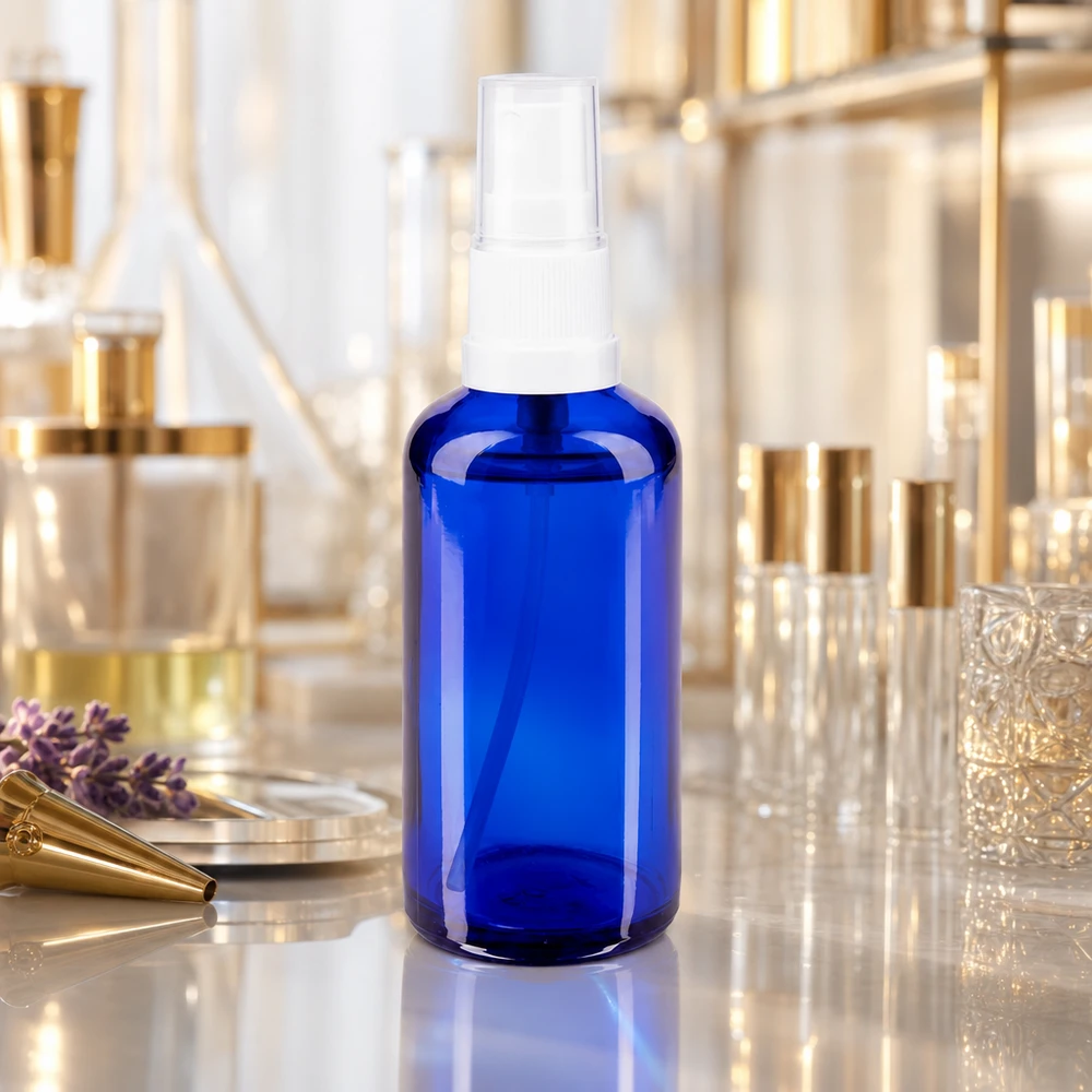 Apoteksflaska blå 50ml spray topp vit Koboltblå 50 ml sprayflaska i apotekerglas med vit pump i parfymlaboratoriet