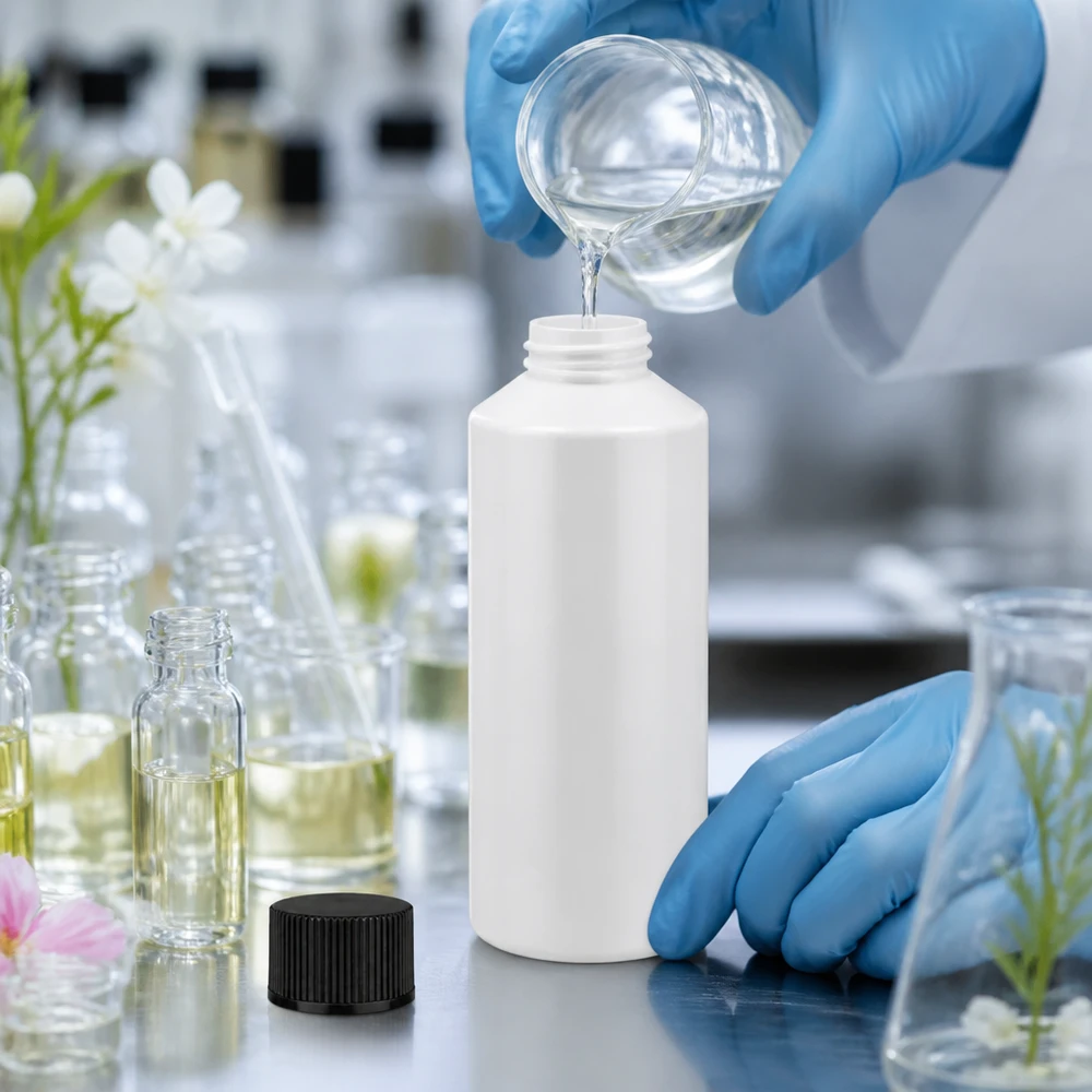 En vit HDPE-flaska på 100 ml med svart skruvlock fylls med en klar vätska i kosmetiklaboratoriet
