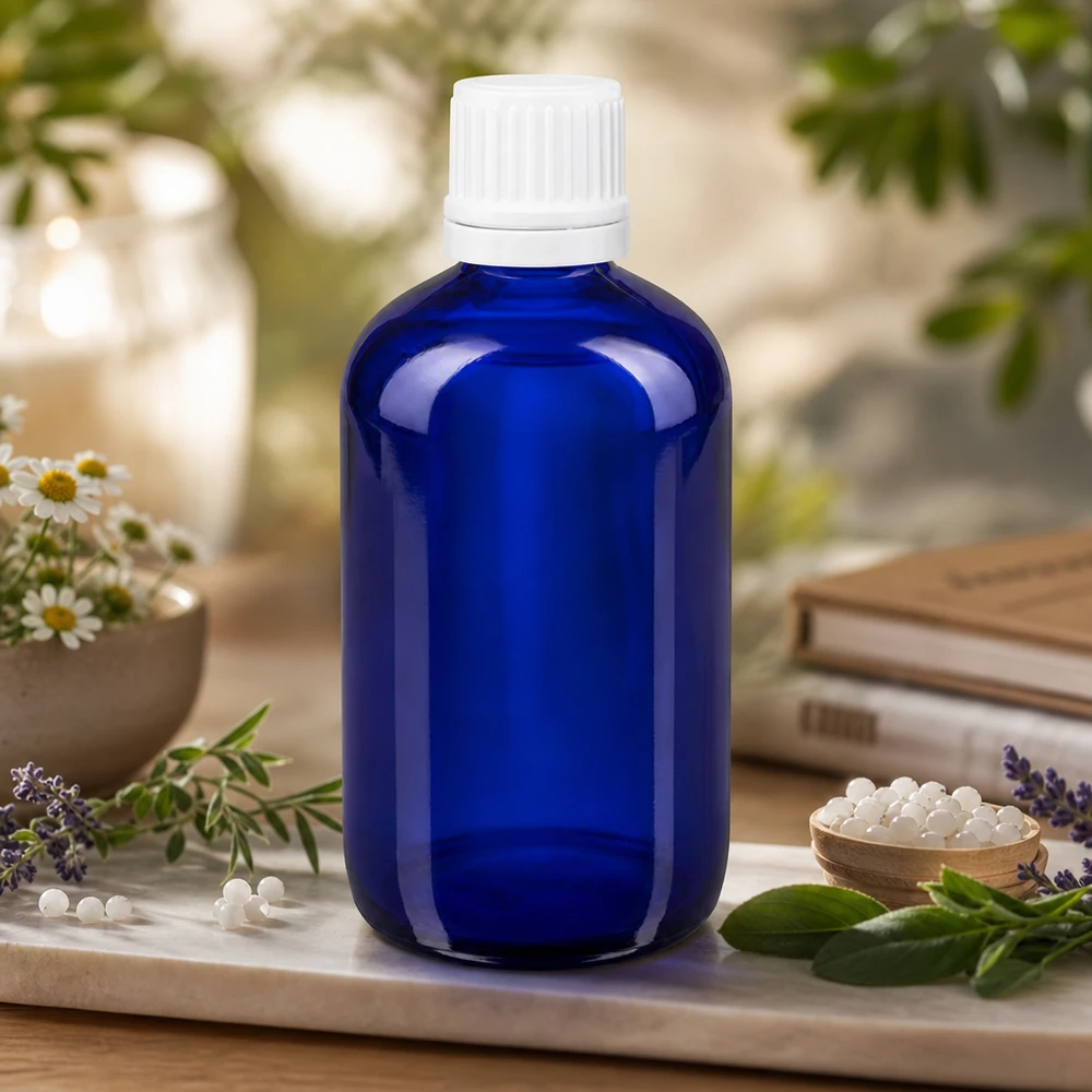 Apoteksflaska blå 100ml droppflaska 1.2mm vit barnsäker förslutning Koboltblå 100 ml apotekstropflaska med vitt barnsäkert lock bland läkeörter