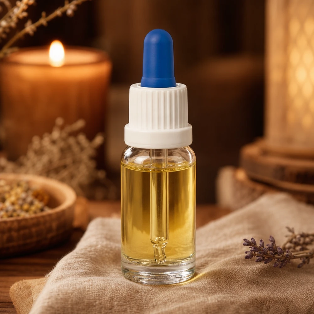 10ml Pipettflaska vit/blå med manipulationsskyddat lock ClearLine UT18/10 Aromaterapiflaska med pipett, 10 ml, klart glas med blå gummikula, bredvid ett ljus och örter