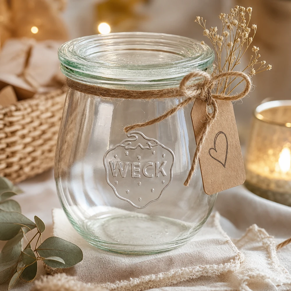 WECK tulpanburk 220ml RR60 dekorativ med jutesnöre kraftpapper tagg och torkade blommor som en presentidé