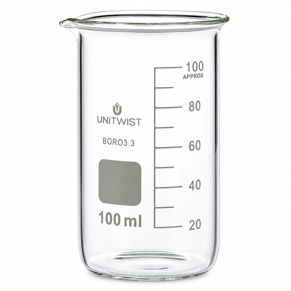 Bägare 100ml borosilikat, hög form UNiTWIST 100 ml högt bägarglas av borosilikatglas, transparent, med milliliterskala från UNITWIST