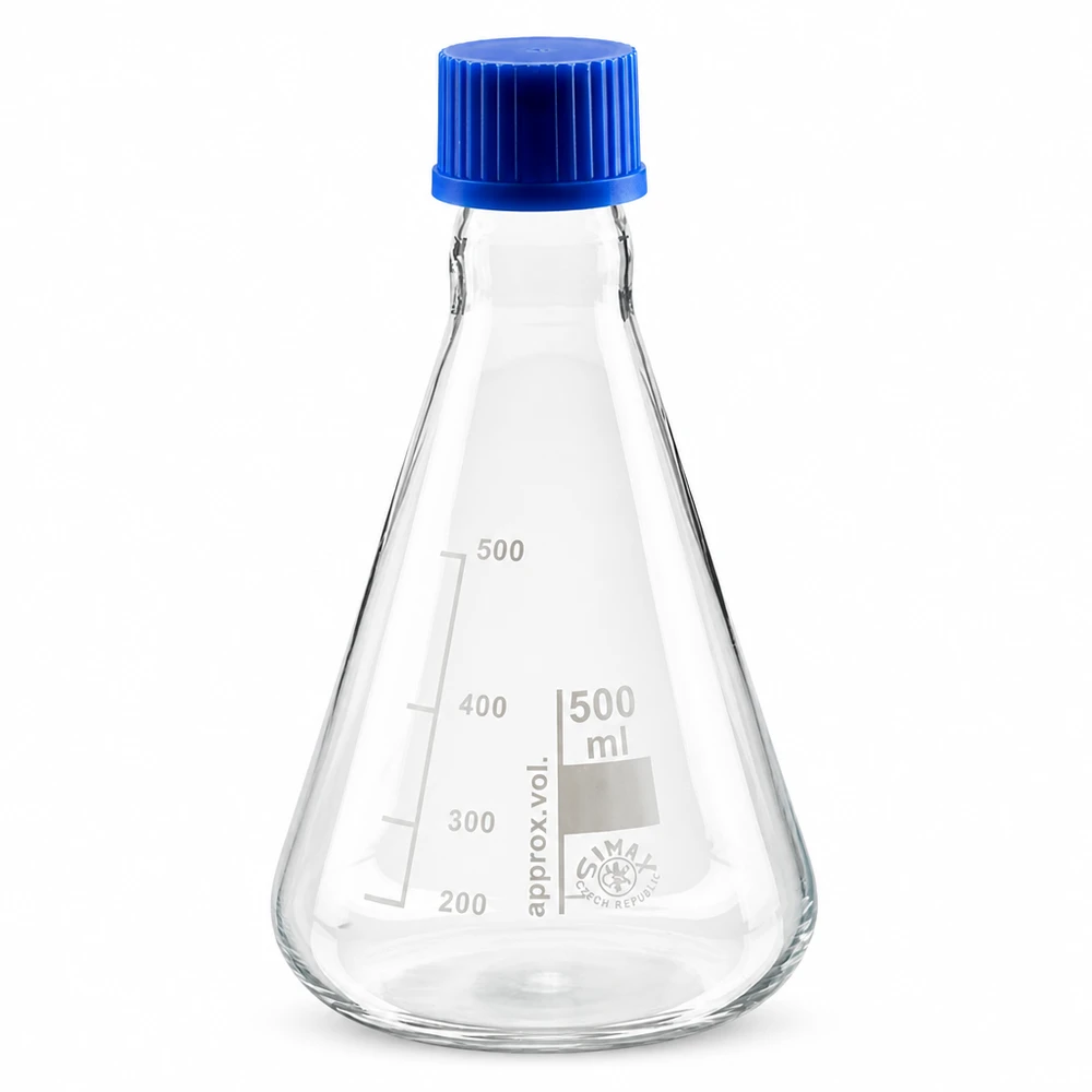 Erlenmeyerkolv 500 ml av glas med blått skruvlock för laboratoriebruk