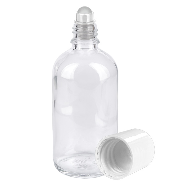 100 ml glasflaska med rullkula och vitt skruvlock ClearLine UT18/100