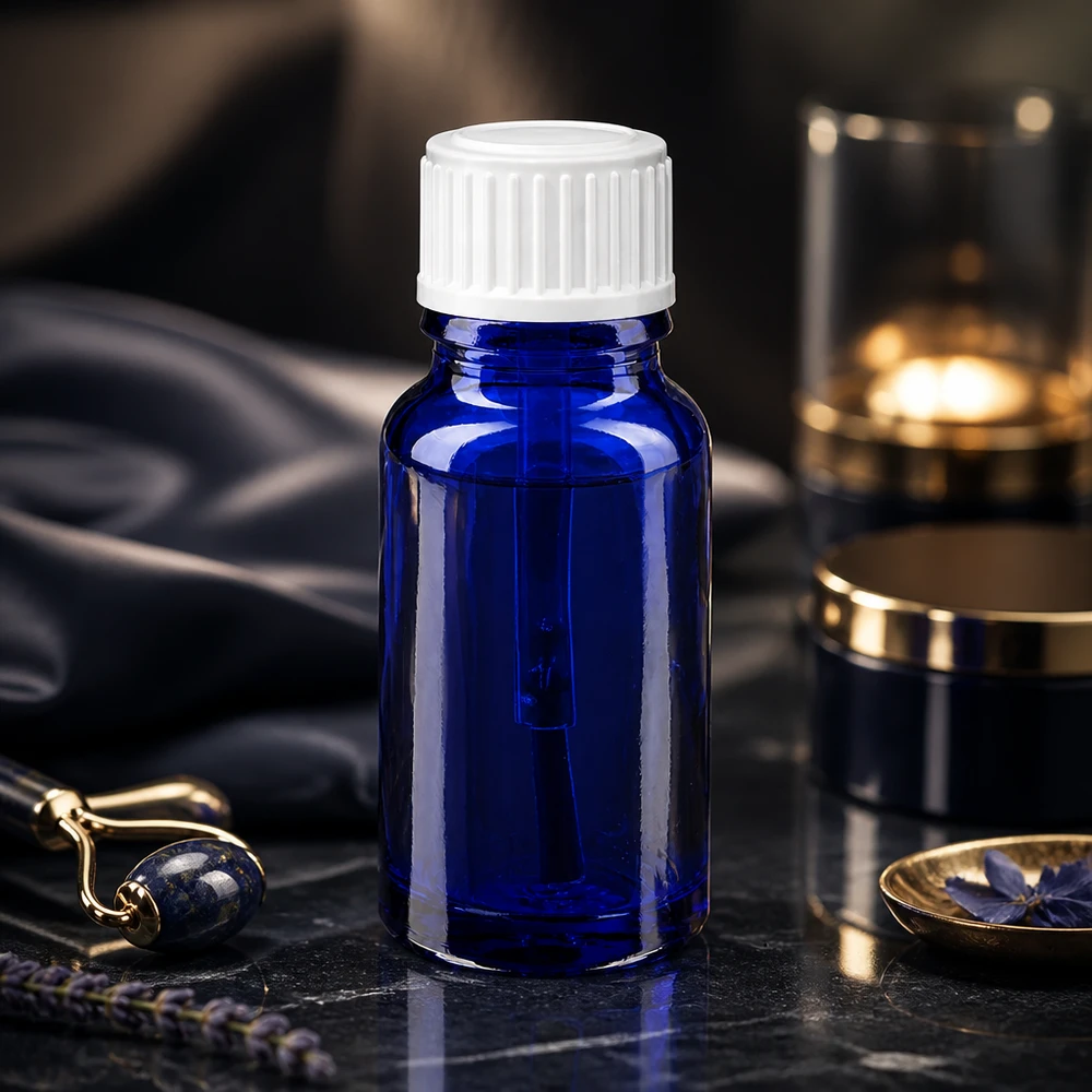 Apoteksflaska blå 10ml skruvlock vit borste Mörkblå 10 ml STD-glasflaska med vitt pensellock för kosmetiska ändamål