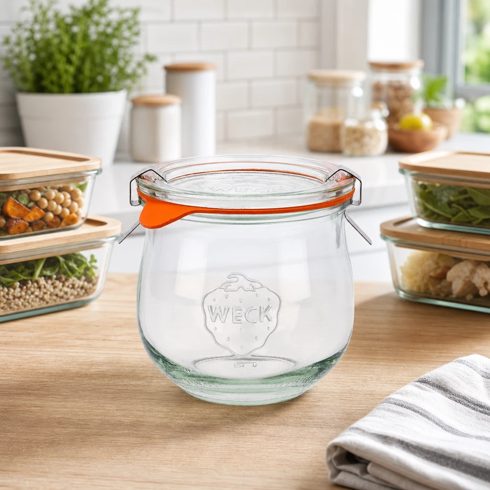 WECK tulpanburk 370ml RR80 med svängbar topp på bänkskiva i trä i modernt kök mellan glasskålar