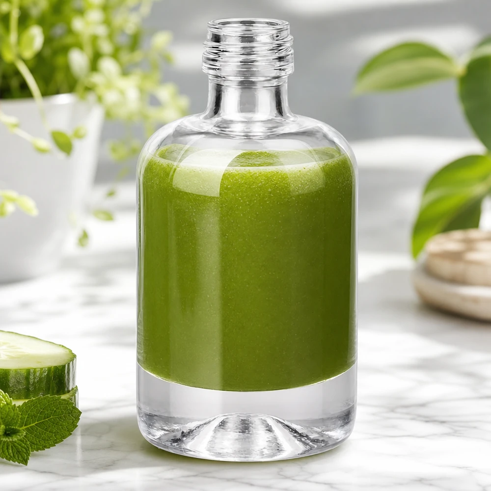 40 ml glasflaska Sara utan skruvlock UNiTWIST® 40 ml glasflaska Sara fylld med grön smoothie bredvid gurka och mynta visar naturlig kosmetisk applikation