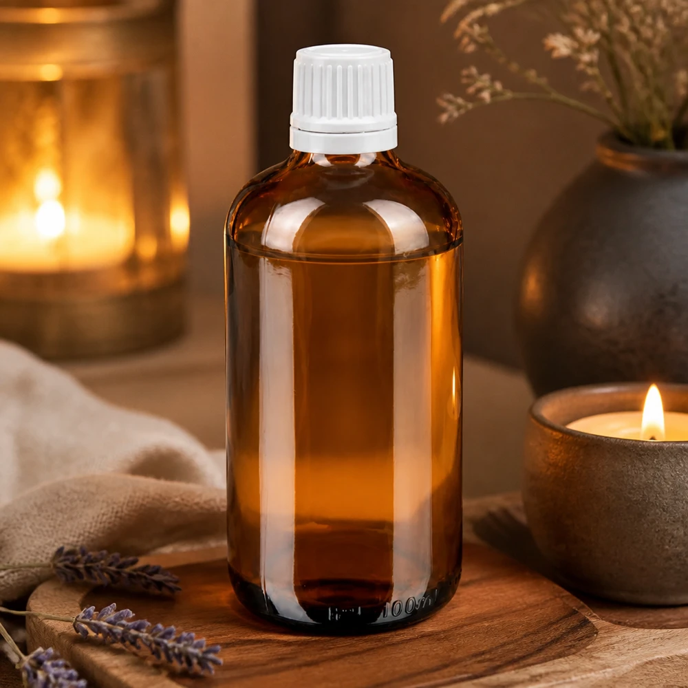 Cylindrisk 100 ml droppflaska i brunt glas med vitt barnsäkert lock för eteriska oljor