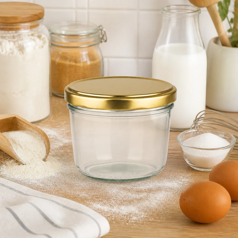230ml Krossade glasögon med BasicSeal lock guld UNiTWIST 230 ml glasburk med gyllene lock i köket mellan bakingredienser som mjöl, mjölk och ägg på en träbräda