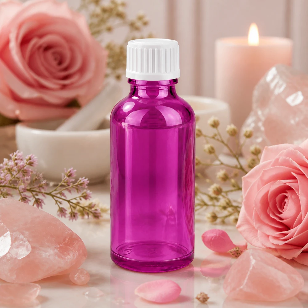 50ml (globule) flaska 3mm hällring vit Standard PurpleLine. UT18/50 50 ml glasflaska i ljuslila med vitt skruvlock för eteriska oljor och kosmetika