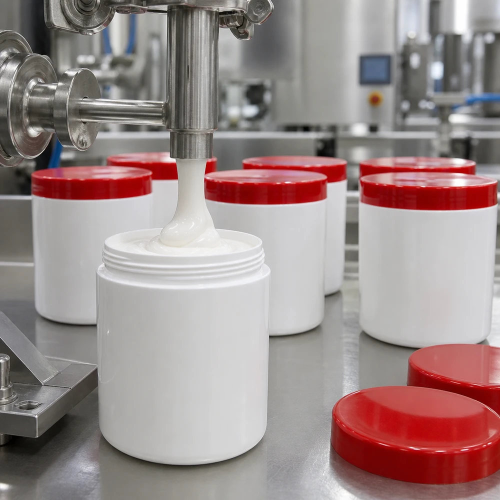 Salvburk 50g vit med rött skruvlock (polypropylen) Automatisk fyllning av vita 50 g-salvburkar med röda PP-skruvlockar inom läkemedelsproduktionen