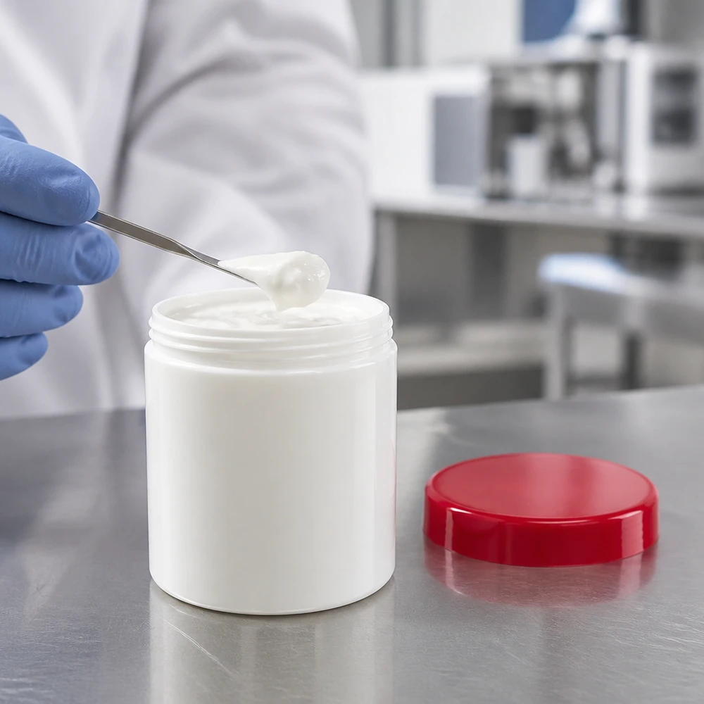 Liten salvorburk, 10 g, vit med rött skruvlock, genomgången laboratoriekvalitetskontroll