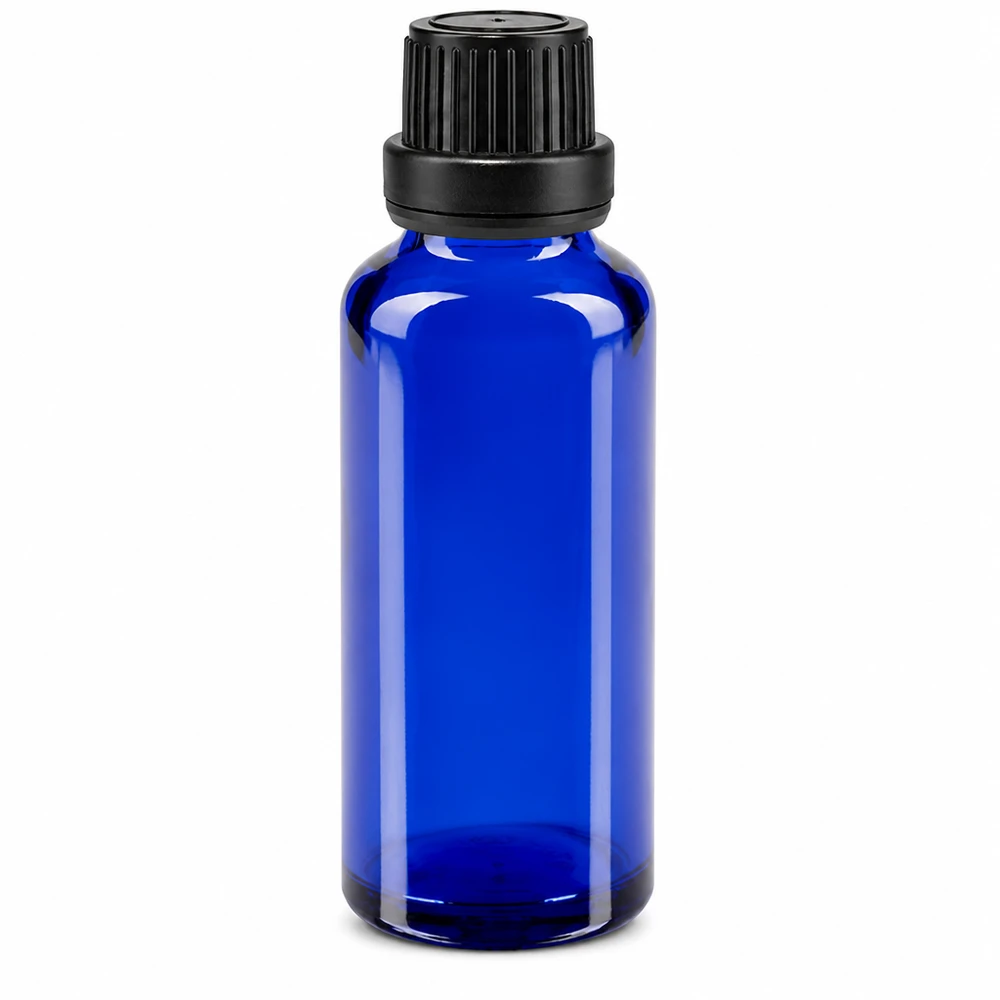 Apoteksflaska blå 30ml dropplock hällring 2mm svart manipuleringssäker förslutning 30 ml blå apoteksflaska i glas med svart originalförslutning och 2 mm droppinsats