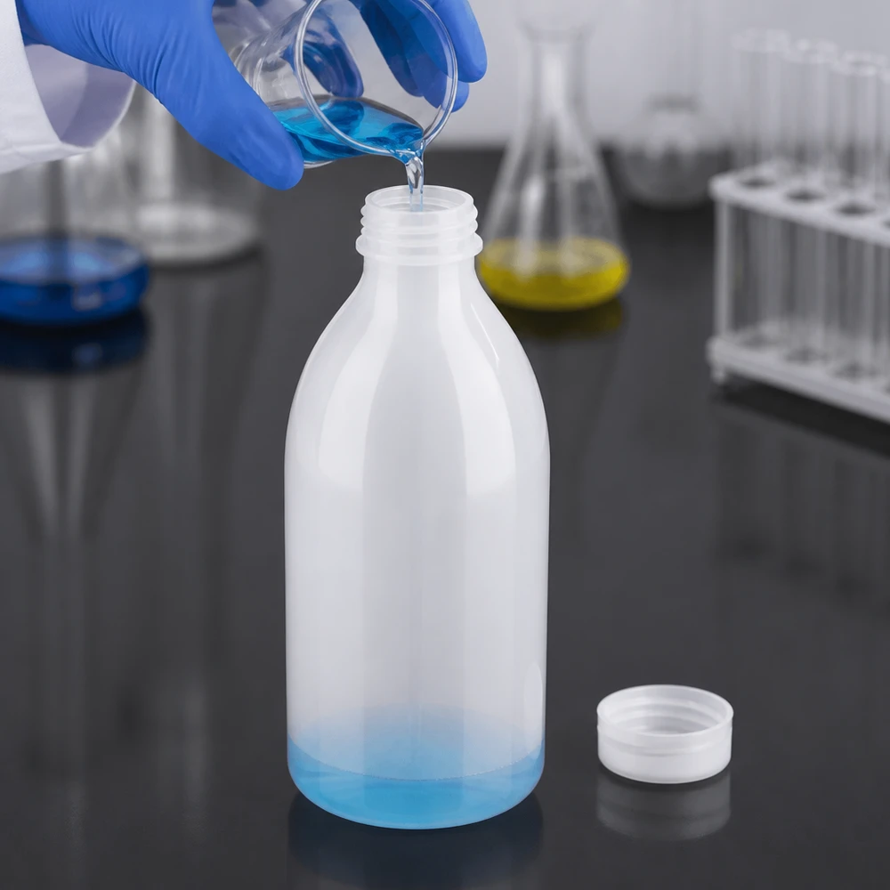 250ml laboratorieflaska med smal hals utan lock 250 ml laboratorieflaska med smal hals utan lock och blå vätska i ett professionellt laboratorium