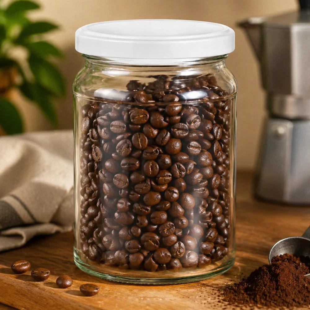 Rund burk 205 ml med lock BasicSeal vit UNiTWIST 205 ml rund burk UNiTWIST fylld med kaffebönor - lufttät förvaringsburk för kaffe och torra livsmedel