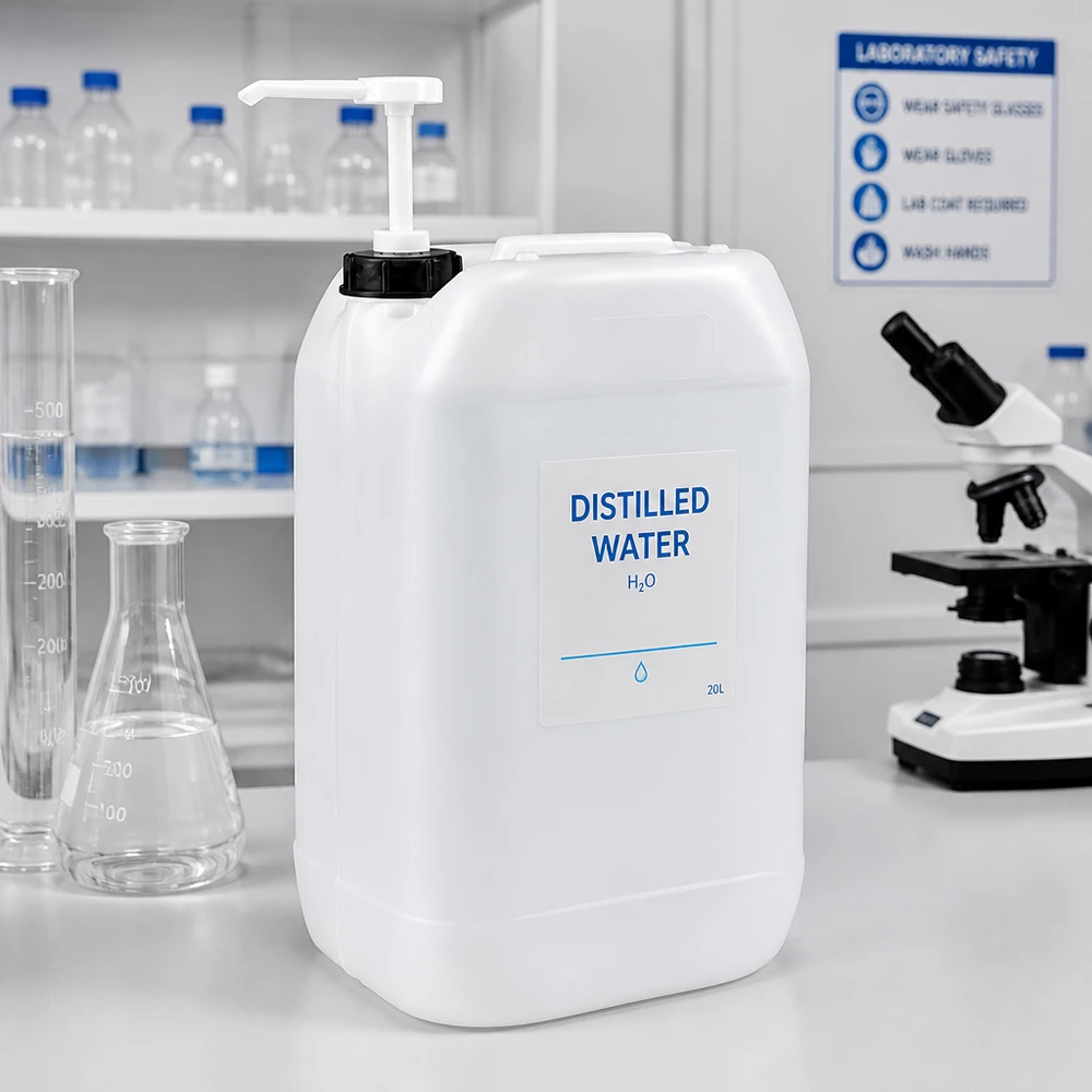 Dunk 15 liter med doseringspump En 15-litersdunk med doseringspump i en laboratoriemiljö bredvid ett mikroskop och en Erlenmeyerkolv