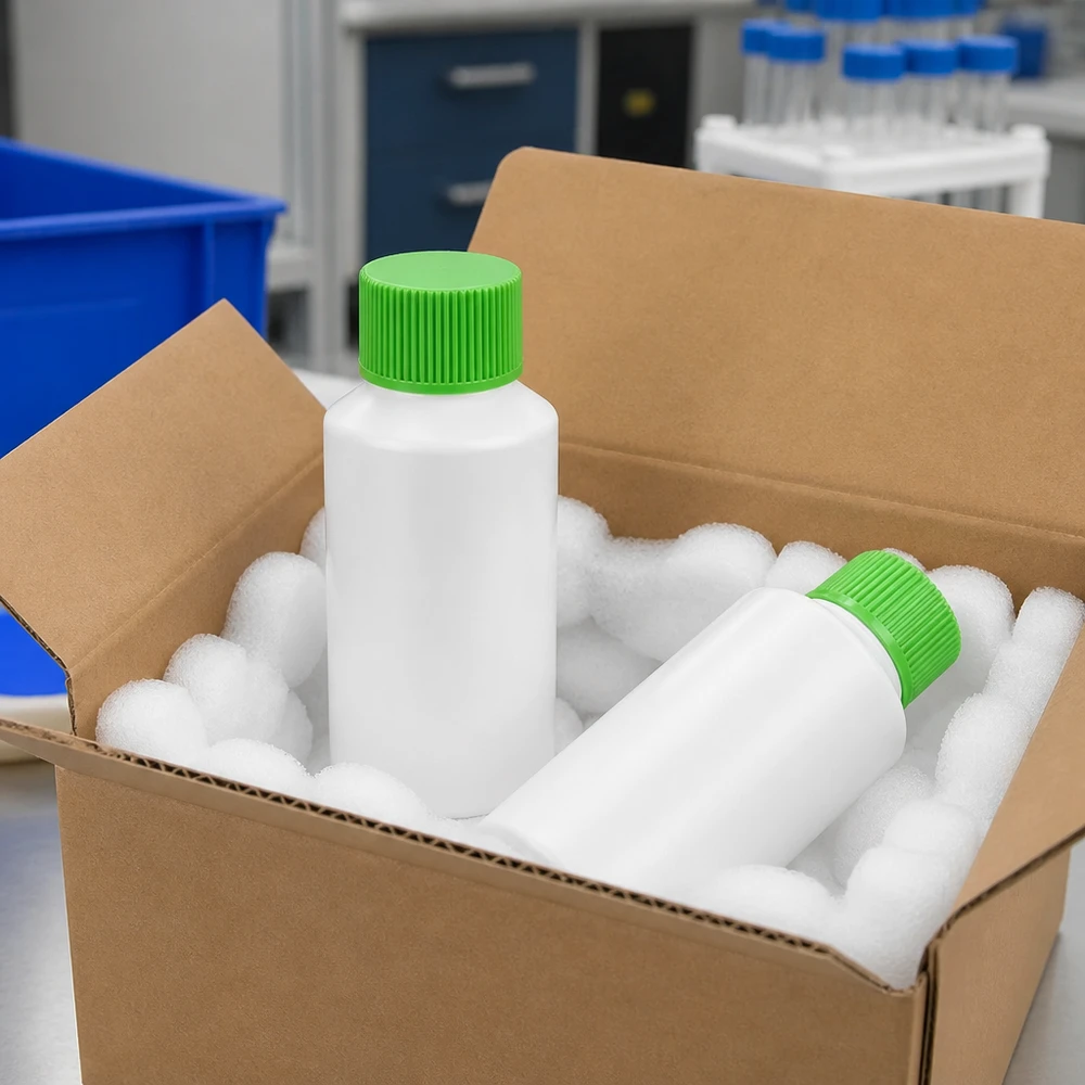 Två vita 50 ml HDPE-apotekflaskor med grön SV, säkert förpackade i kartong med skumplast