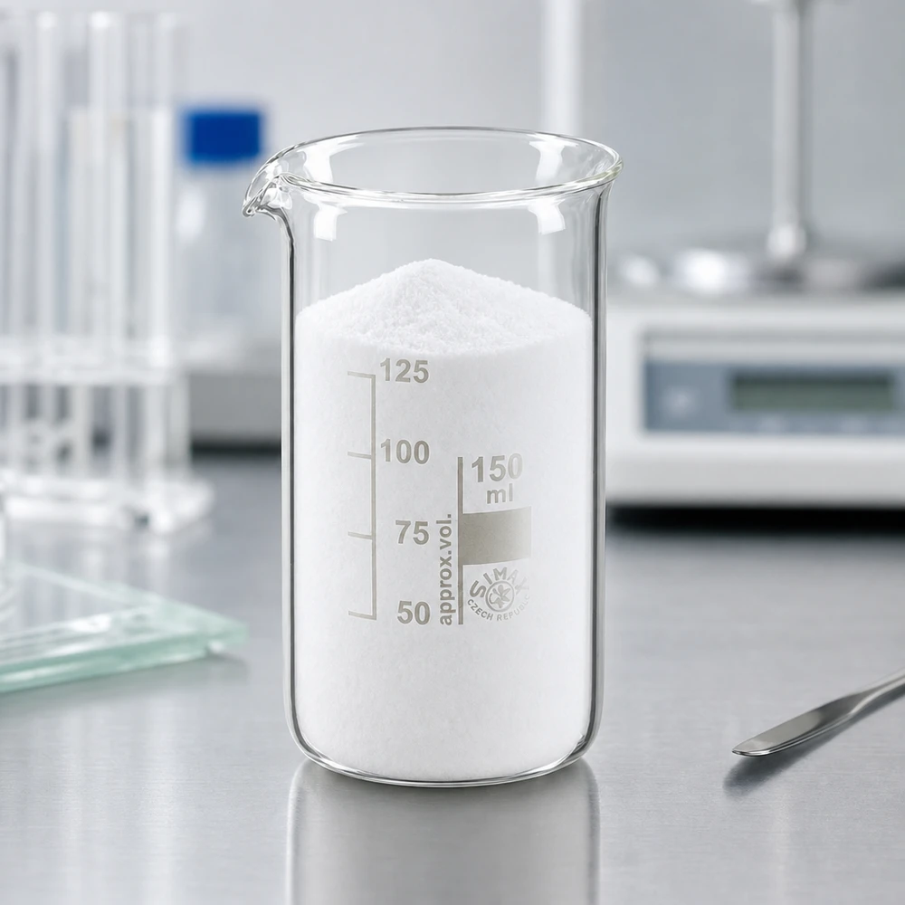 Ett 150 ml begerglas i hög form, fyllt med vitt pulver, på en arbetsbänk av rostfritt stål i ett laboratorium