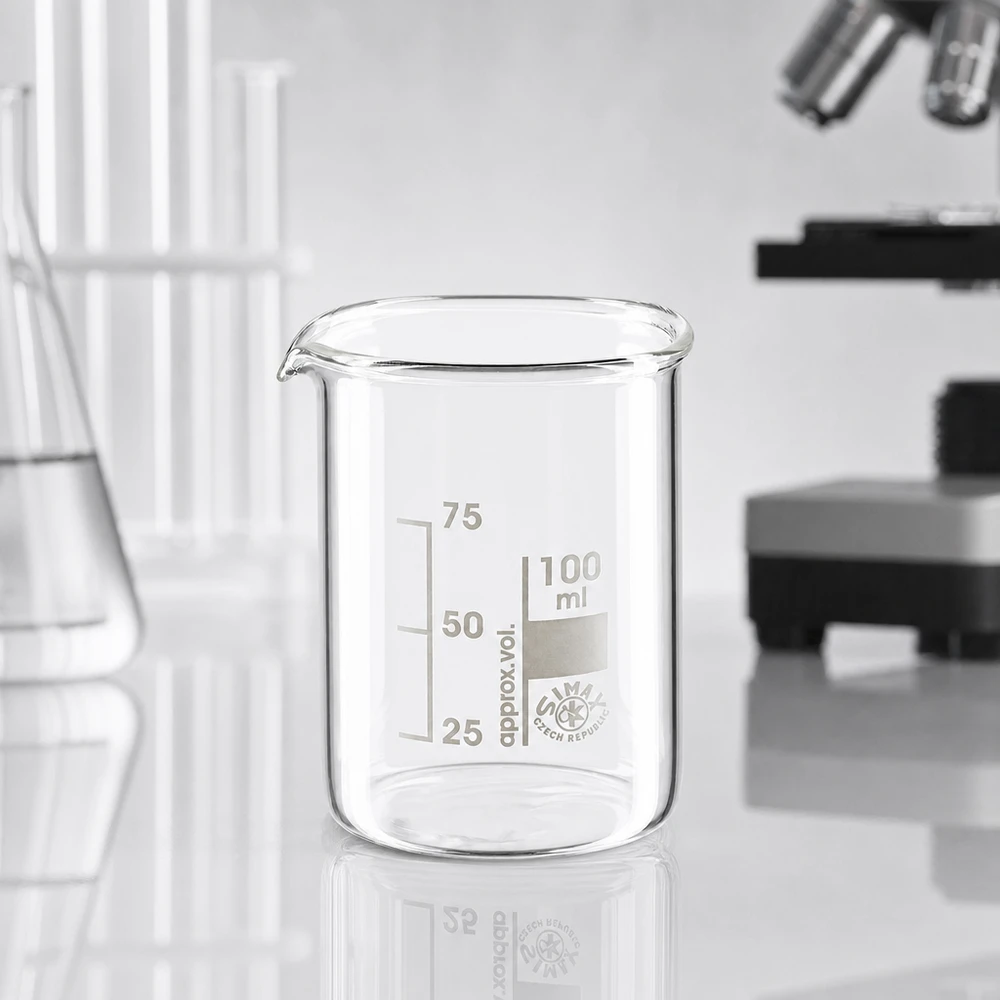 Transparent bägare 100ml lågformad av borosilikatglas för kemiska tillämpningar i laboratoriet