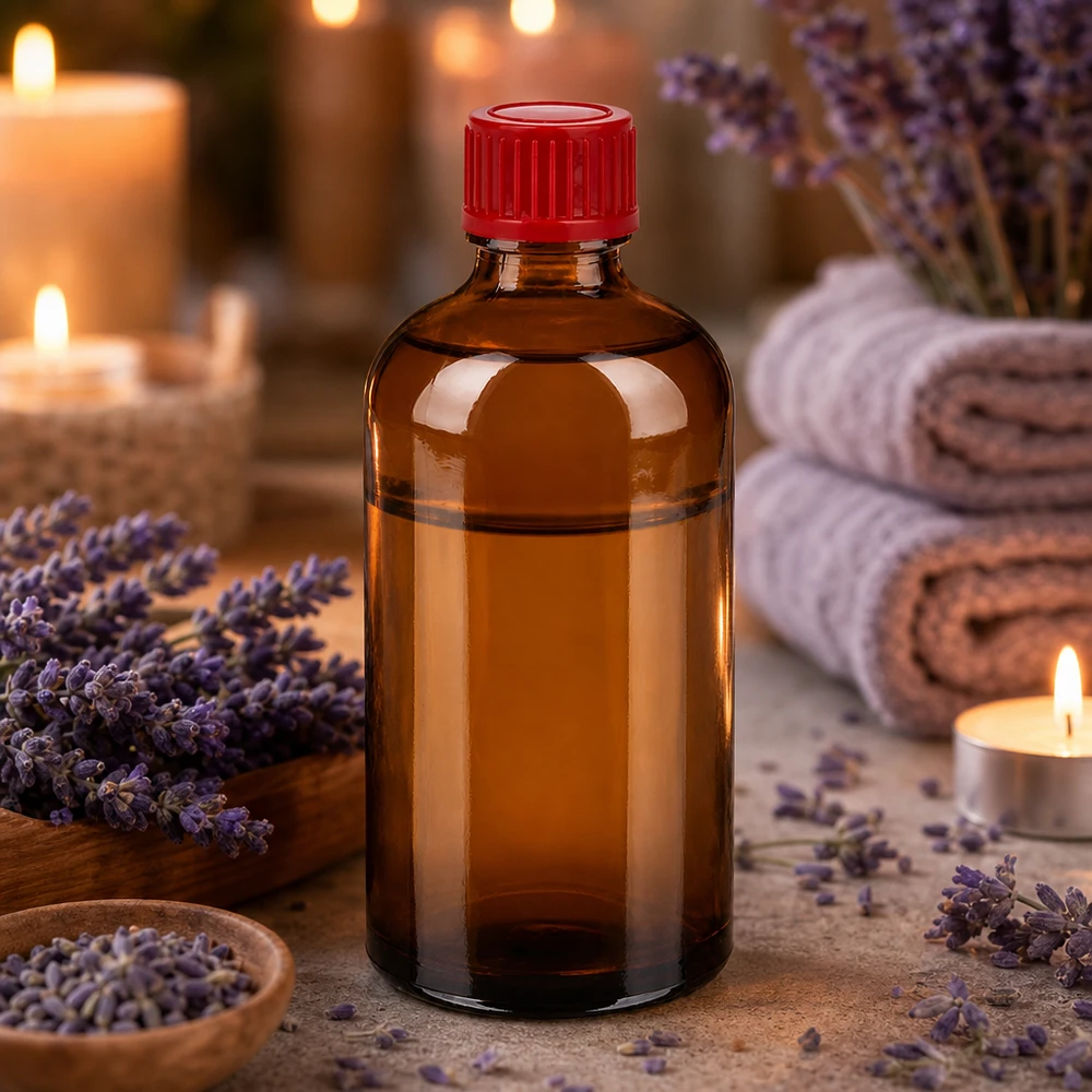 Högkvalitativ 100 ml bärnstensfärgad glasflaska med UV-skydd och rött standardlock för aromaterapi