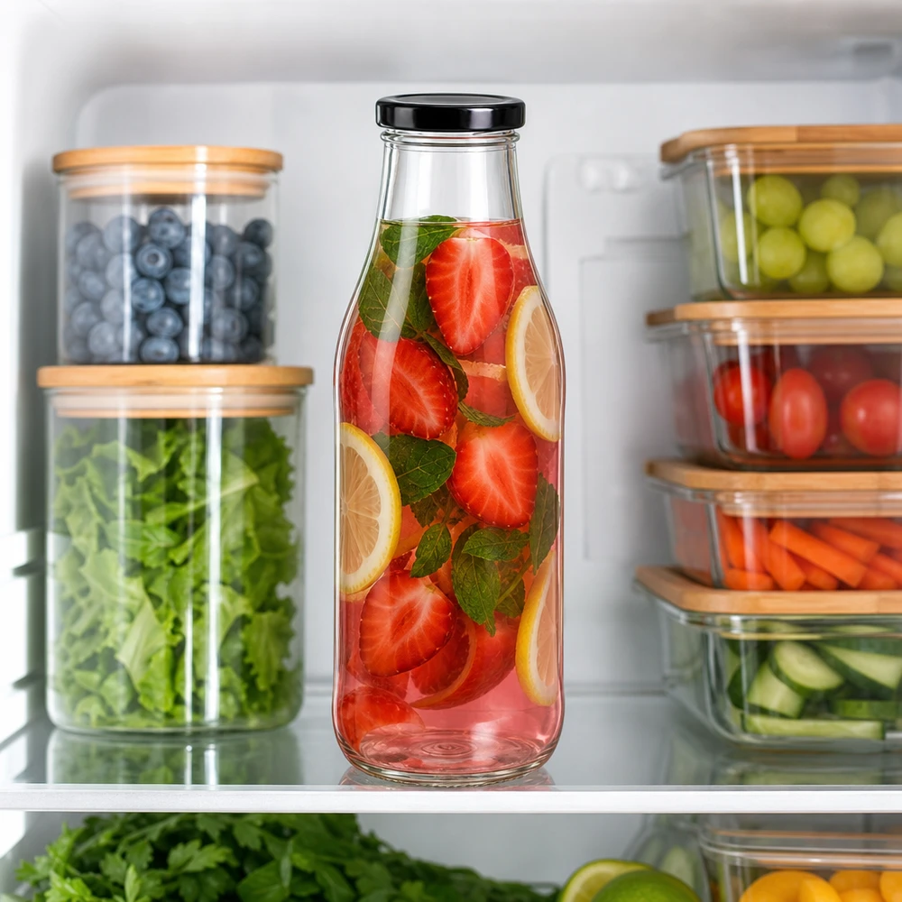 1000 ml glasflaska + BasicSeal-lock svart UNiTWIST 1000ml Glasflasche mit Erdbeer-Zitronen-Getränk im Kühlschrank zwischen organisierten Lebensmittelbehältern