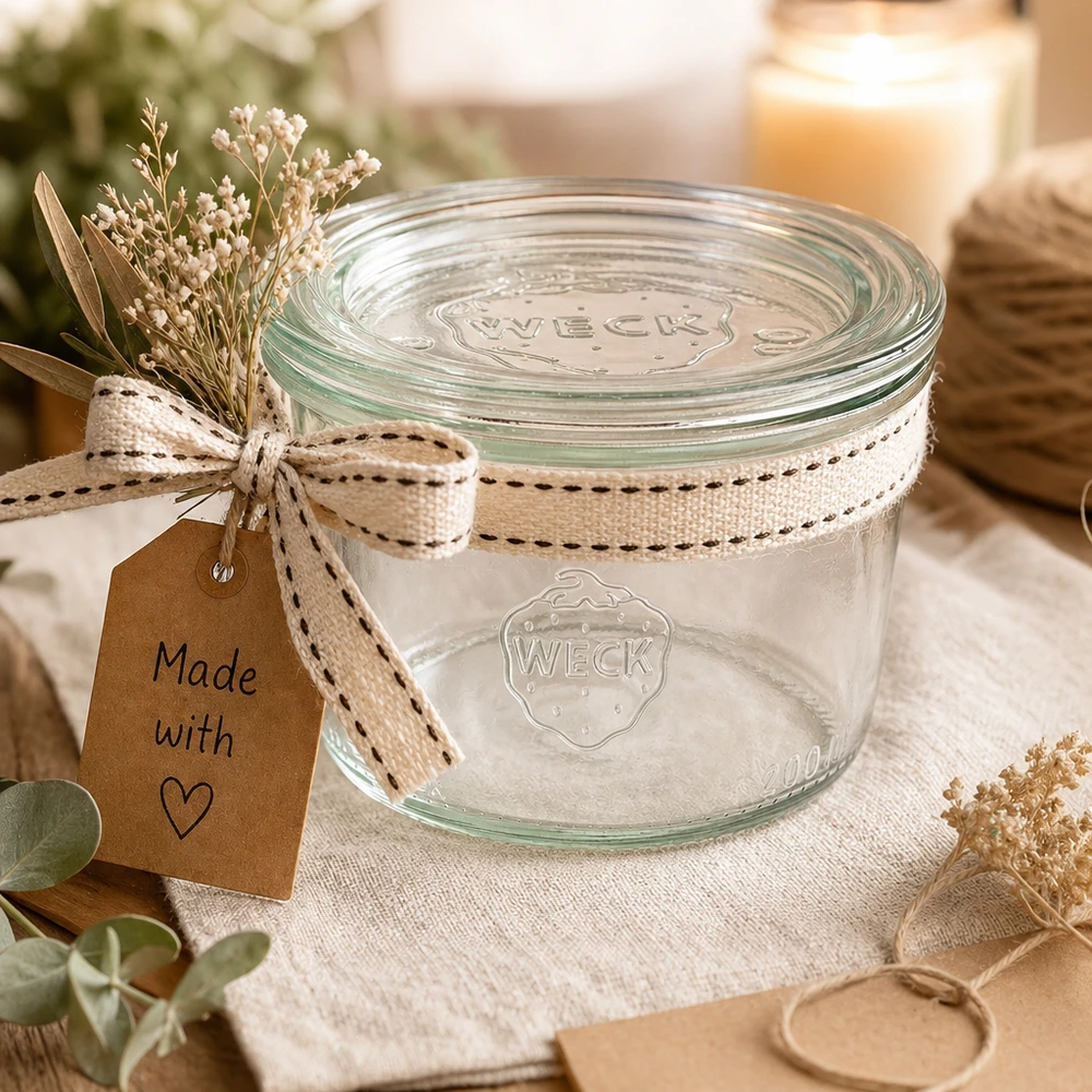 WECK tumblers 200ml RR80 som gåva dekorerad med band och Made with Love-tagg