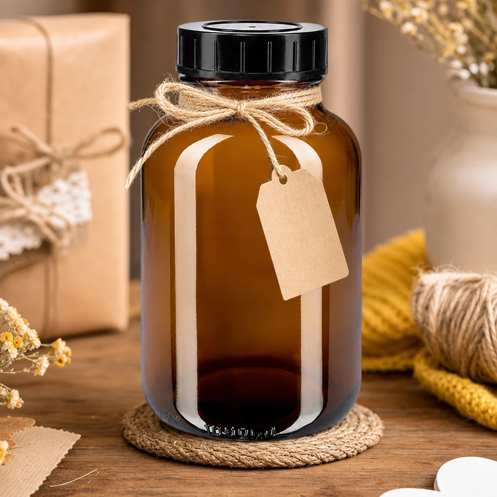 Högkvalitativ wide-neck-flaska i bärnstensfärgat glas 1000 ml med UV-skydd och praktiskt skruvlock