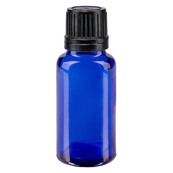 Apoteksflaska blå 20ml skruvkork svart hällring tät förslutning Apoteksflaska blå 20ml skruvkork svart hällring tät förslutning