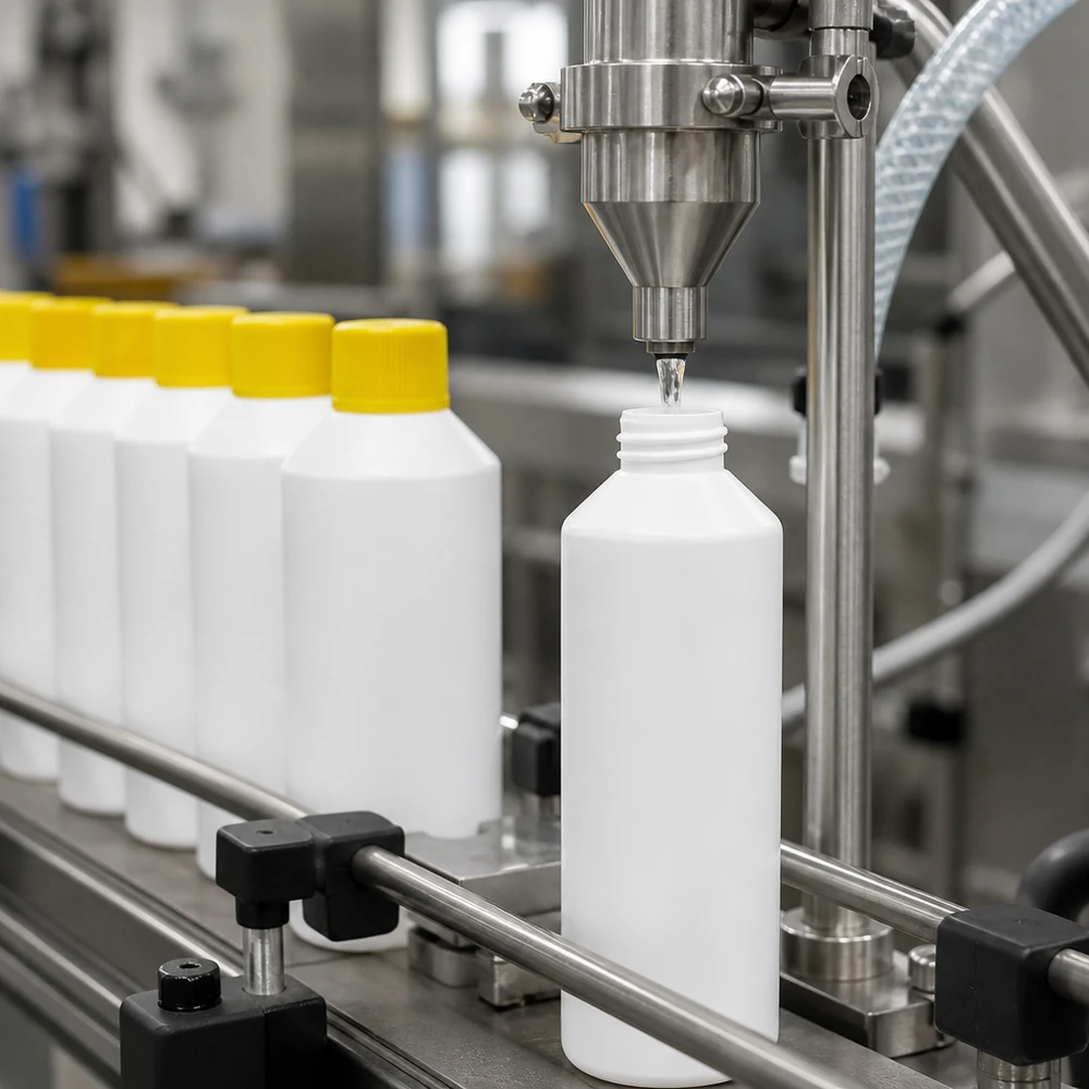 Apoteksflaska HDPE 100ml vit, med gult skruvlock En automatisk fyllningsanläggning fyller vita HDPE-apotekflaskor på 100 ml med gula lock