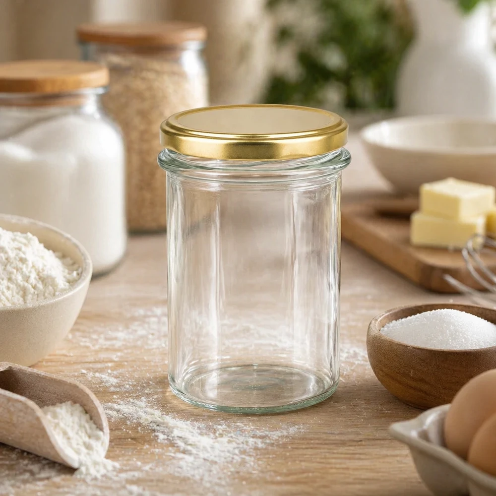 230 ml tumlare tomma med gyllene BasicSeal-lock UNiTWIST i köket omgiven av bakingredienser och träskålar