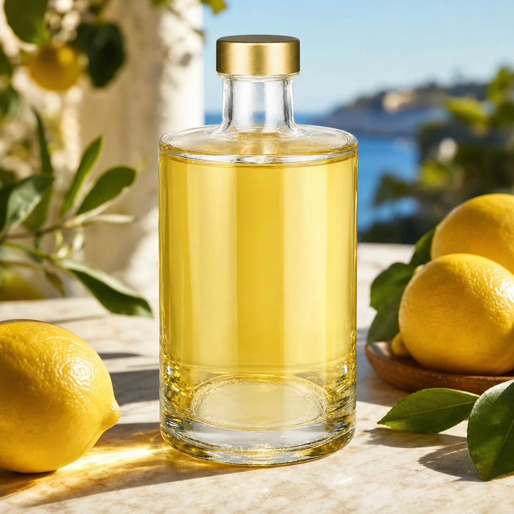375 ml glasflaska Sam + skruvkork guld UNiTWIST® 375 ml glasflaska Sam med citruslikör gyllene skruvkork UNiTWIST citron limoncello Medelhavsatmosfär