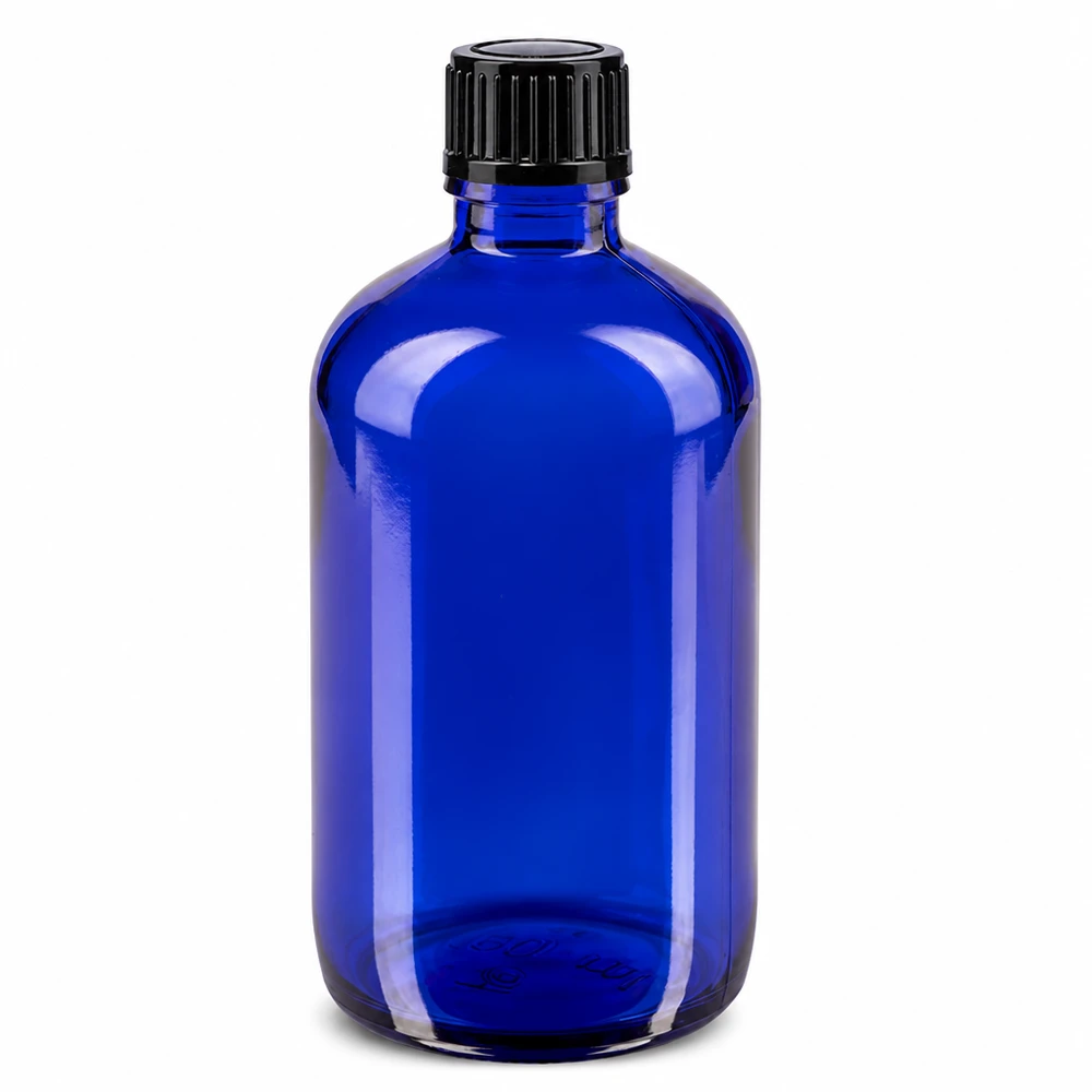 Apoteksflaska blå 100ml dropplock 1mm svart standard 100 ml blå apoteksflaska i glas med svart skruvlock och 1 mm droppinsats