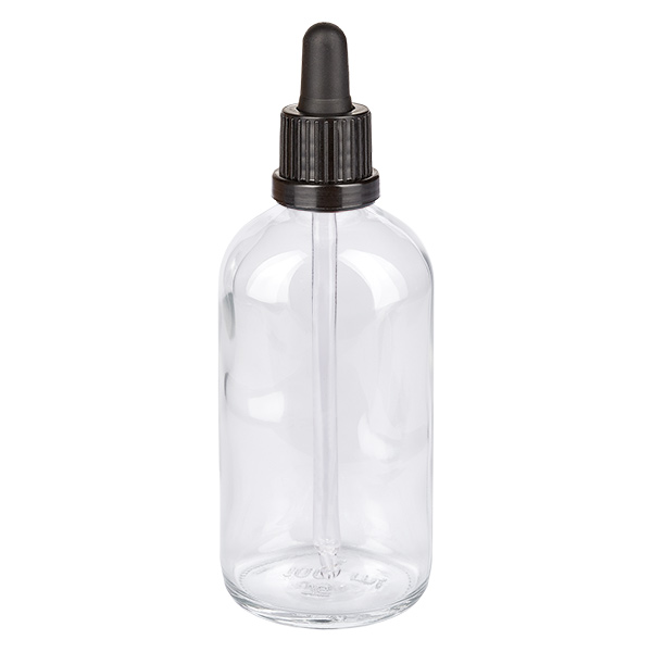100 ml pipettflaska svart med säkerhetsförslutning ClearLine UT18/100 100 ml pipettflaska i klart glas med svart dropplock, ClearLine-serien UT18