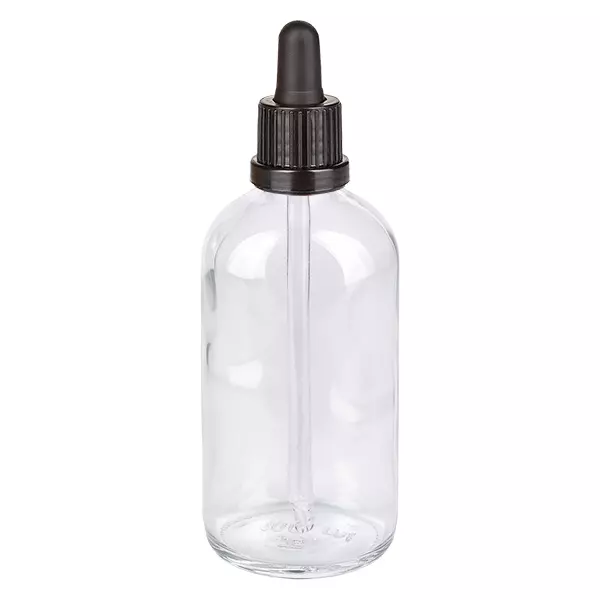 100 ml pipettflaska svart med säkerhetsförslutning ClearLine UT18/100 100 ml pipettflaska i klart glas med svart dropplock, ClearLine-serien UT18
