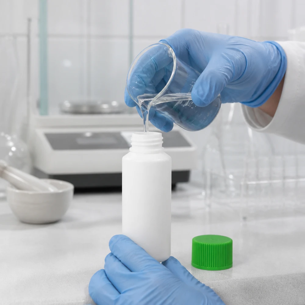 En laboratorietekniker häller en klar vätska i en vit 30 ml HDPE-flaska med grönt skruvlock
