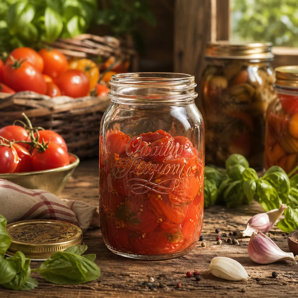 1000ml rund burk "Quattro Stagioni" QS86mm 1000 ml Quattro Stagioni hushållsburk fylld med tomatsås på ett träbord med färska tomater och basilika