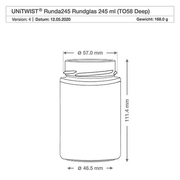 245ml rund burk utan lock (TO58deep) UNiTWIST UNiTWIST Runda245 runda glas 245ml TO58 Djup teknisk ritning med mått 57mm diameter 111.4mm höjd 168g