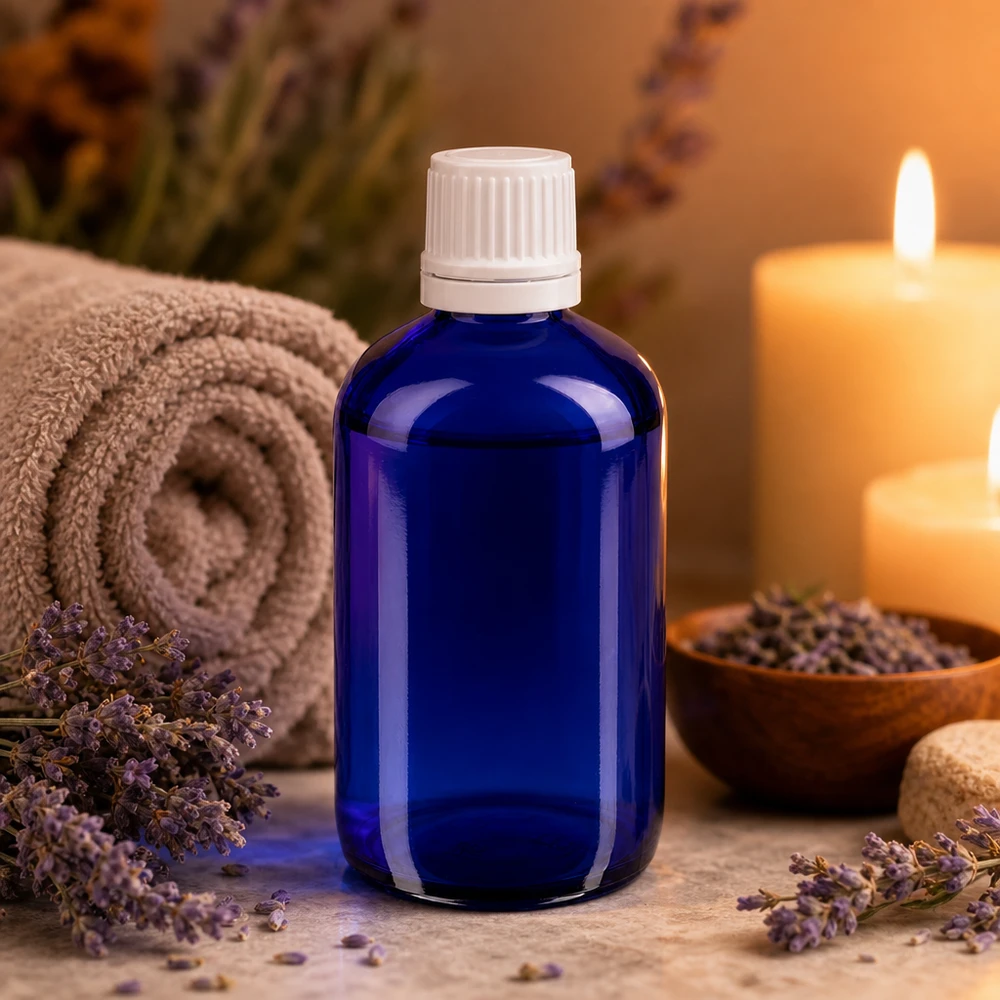 Apoteksflaska blå 100ml skruvkork vit manipulationsskyddad förslutning Blå glasflaska på 100 ml med vit droppkork, omgiven av lavendelblommor och ljus